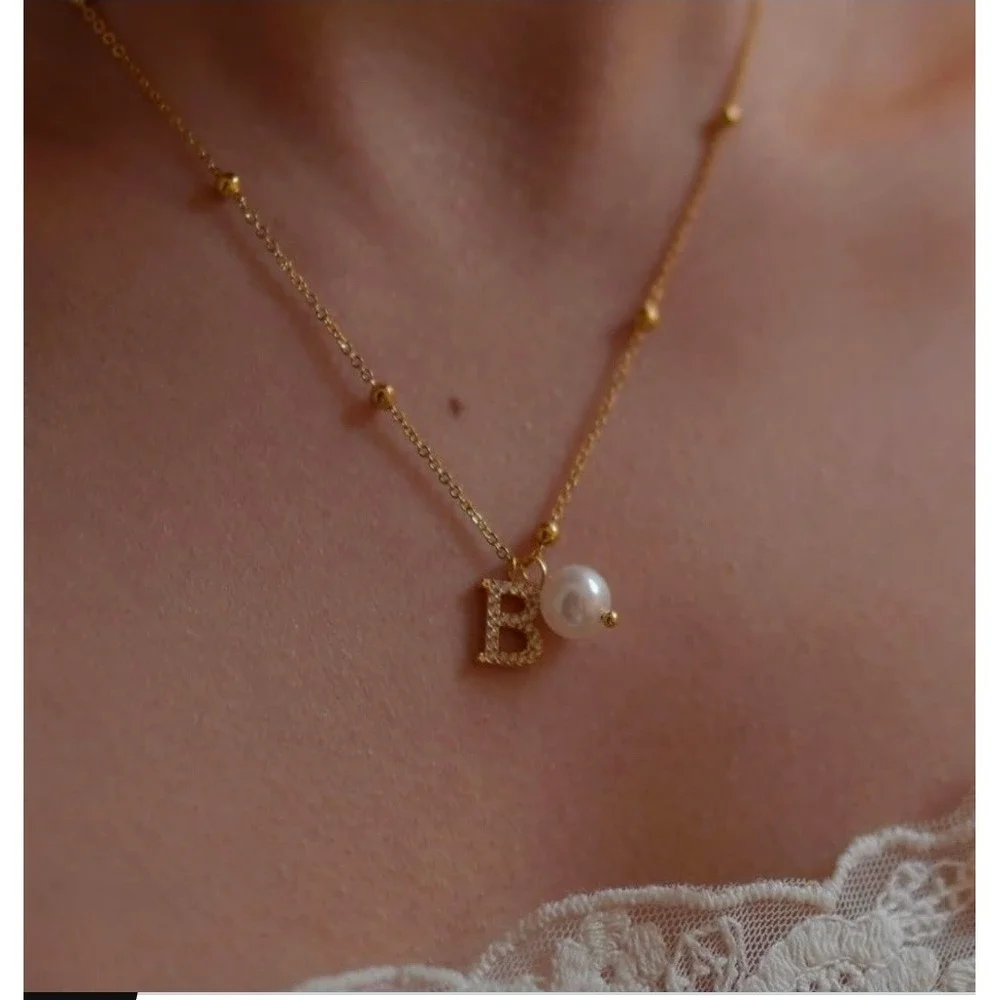 AUOVKOCA Gold Initial B Necklace Pearl Pendant Stainless Steel Satellite Chain